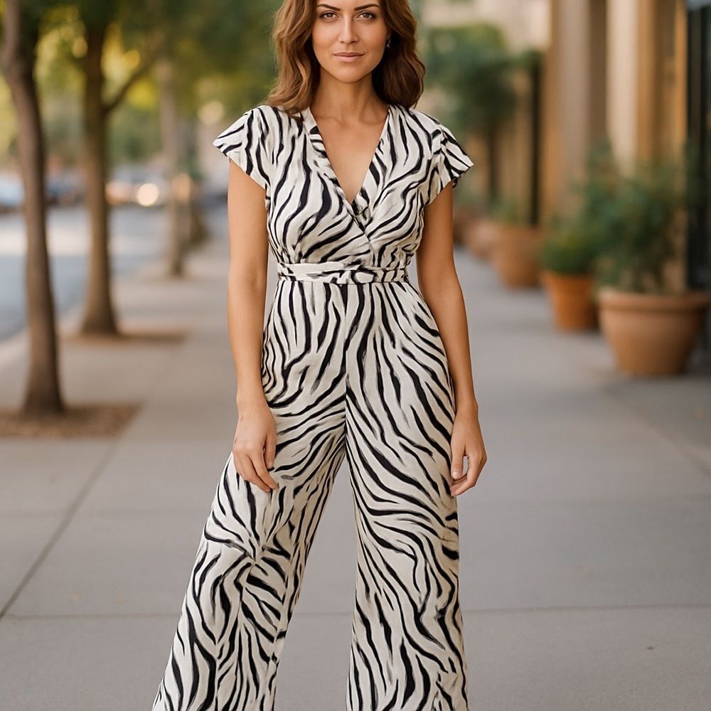 ELIE TAHARI Women’s Y2K Short Sleeve Zebra Print Jumpsuit Cream/Black Size XS - Picture 2 of 11